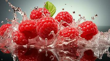 ai généré Frais mûr framboise avec éclaboussure effet, juteux et savoureux fruit, en bonne santé nourriture photo