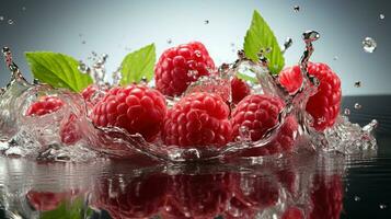 ai généré Frais mûr framboise avec éclaboussure effet, juteux et savoureux fruit, en bonne santé nourriture photo