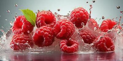 ai généré Frais mûr framboise avec éclaboussure effet, juteux et savoureux fruit, en bonne santé nourriture photo