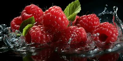 ai généré Frais mûr framboise avec éclaboussure effet, juteux et savoureux fruit, en bonne santé nourriture photo