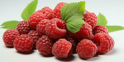 ai généré Frais mûr framboise sur blanc arrière-plan, juteux et savoureux fruit, en bonne santé nourriture photo