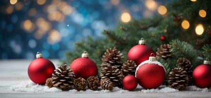 ai généré Noël décorations, pommes de pin, et sapin branches sur une couvert de neige blanc en bois tableau, avec bokeh lumières sur une bleu Contexte. photo