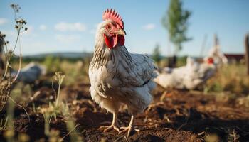 ai généré majestueux coq permanent dans une vibrant Prairie à lever du soleil généré par ai photo