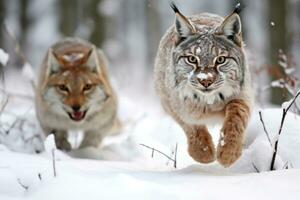 ai généré région sauvage chat hiver animal blanc forêt sauvage félin mammifère du froid chasseur la nature photo