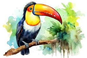 ai généré magnifique oiseau jungle tropique exotique animal branche la nature toucan Jaune noir sauvage photo