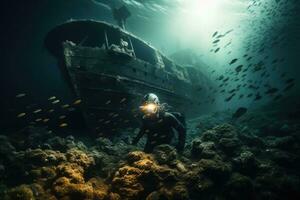 ai généré épave sous-marin l'eau navire plongeur la nature creux corail scaphandre autonome récif poisson Profond océan photo