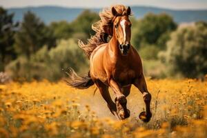 ai généré équin cheval animal la nature été herbe galop liberté étalon Prairie crinière équestre photo