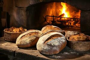 ai généré rustique boulangerie farine biologique marron pain fait maison blé grain en bonne santé petit déjeuner savoureux photo