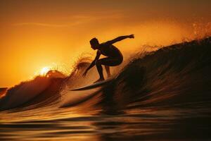 ai généré en plein air homme action amusement actif extrême Voyage le coucher du soleil gens ciel océan surfant planche de surf photo