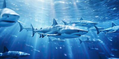 ai généré sauvage la vie en dessous de l'eau la nature Extérieur mer océan gros poisson bleu requin Contexte. Profond se plonger scaphandre autonome plongée chasseur animal photo