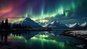 ai généré majestueux Montagne de pointe reflète étoilé nuit dans tranquille Arctique paysage généré par ai photo