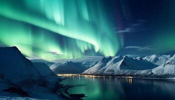 ai généré majestueux Montagne de pointe reflète étoilé nuit dans tranquille Arctique paysage généré par ai photo