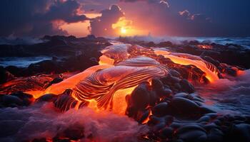 ai généré embrasé feu éclate, fusion acier dans la nature ardent enfer généré par ai photo