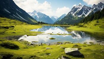 ai généré majestueux Montagne de pointe reflète dans tranquille eau, la nature beauté généré par ai photo