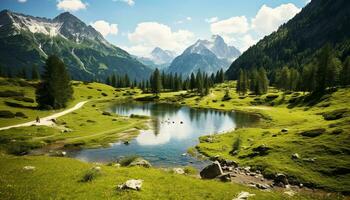 ai généré majestueux Montagne intervalle reflète dans tranquille eau, mettant en valeur Naturel beauté généré par ai photo