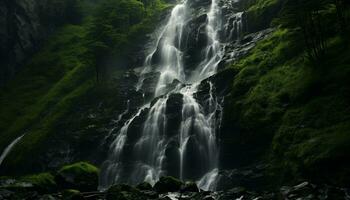 ai généré majestueux cascade écoulement par tropical forêt tropicale, une Stupéfiant aventure généré par ai photo