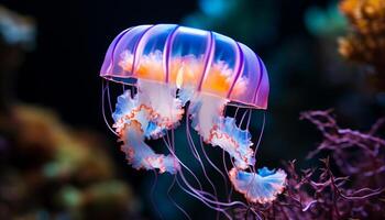 ai généré vibrant pitre poisson nager au dessous de le coloré corail récif généré par ai photo