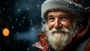ai généré souriant homme dans hiver, célébrer avec neige, cadeau, et joie généré par ai photo