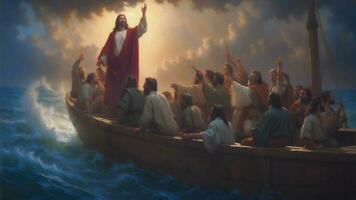 ai généré Jésus Christ sur le bateau calme le orage à mer. être encore photo