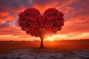 rouge cœur en forme de arbre sur le coucher du soleil. ai généré photo