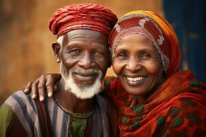 coloré portrait de vieux africain couple, ai généré photo