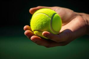 fermer de tennis Balle sur tribunal sol. ai généré photo