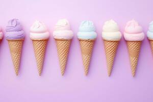 divers la glace crème boules dans gaufre cônes isolé sur violet. ai généré photo