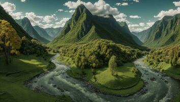 ai généré majestueux vert moussu vallée avec rivière et montagnes photo