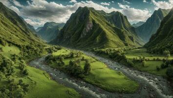 ai généré majestueux vert moussu vallée avec rivière et montagnes photo