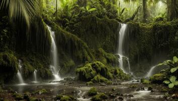 ai généré majestueux dense pluie forêt avec printemps l'eau photo