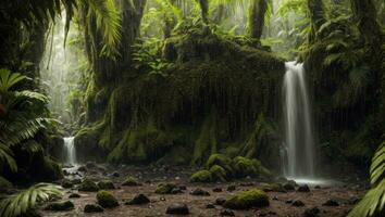 ai généré majestueux dense pluie forêt avec printemps l'eau photo