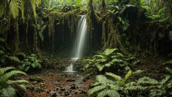 ai généré majestueux dense pluie forêt avec printemps l'eau photo