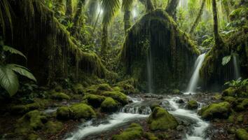 ai généré majestueux dense pluie forêt avec printemps l'eau photo