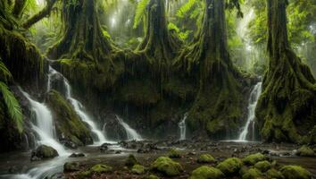 ai généré majestueux dense pluie forêt avec printemps l'eau photo