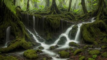 ai généré majestueux dense pluie forêt avec printemps l'eau photo