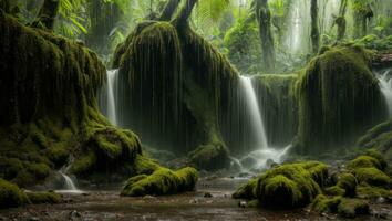 ai généré majestueux dense pluie forêt avec printemps l'eau photo