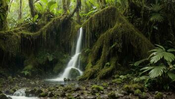 ai généré majestueux dense pluie forêt avec printemps l'eau photo