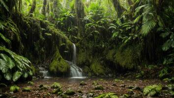 ai généré majestueux dense pluie forêt avec printemps l'eau photo