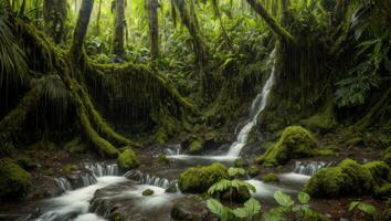 ai généré majestueux dense pluie forêt avec printemps l'eau photo