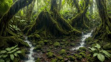 ai généré majestueux dense pluie forêt avec printemps l'eau photo