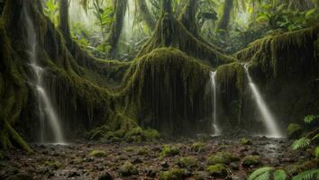 ai généré majestueux dense pluie forêt avec printemps l'eau photo