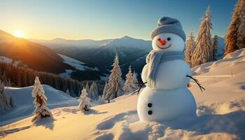 de bonne humeur bonhomme de neige sourires, en jouant dans hiver forêt avec boule de neige généré par ai photo