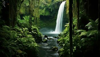 ai généré majestueux cascade écoulement par tropical forêt tropicale, une Stupéfiant aventure généré par ai photo