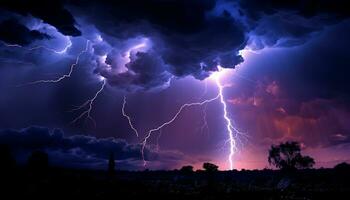 ai généré spectaculaire ciel, foncé nuit, orage, majestueux montagnes, humide herbe généré par ai photo