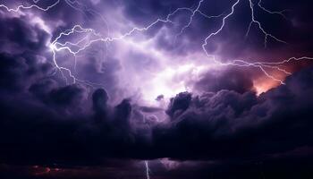 ai généré spectaculaire ciel, foncé nuit, orage, majestueux montagnes, humide herbe généré par ai photo