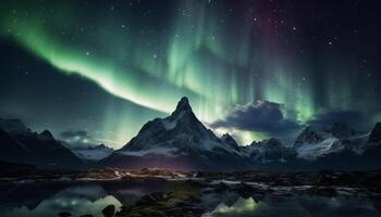 ai généré majestueux Montagne de pointe reflète étoilé nuit dans tranquille Arctique paysage généré par ai photo