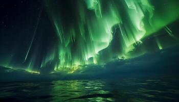 ai généré majestueux Montagne de pointe reflète étoilé nuit dans tranquille Arctique paysage généré par ai photo