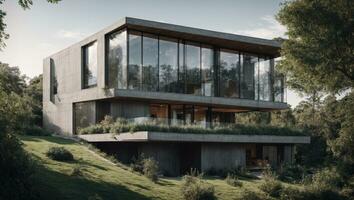 ai généré moderne luxe maison dans forêt illustration photo
