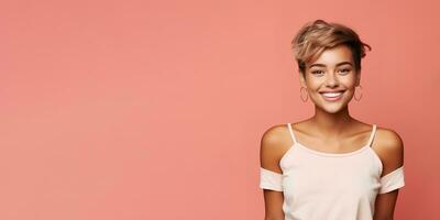 ai généré souriant Jeune femme avec bronzé peau et court soigné cheveux isolé sur plat rouge pastel Contexte avec copie espace. modèle pour bannière de cosmétique des produits, beauté salon et dentisterie photo