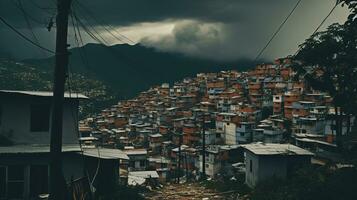 ai généré génératif ai, brésilien favelas communauté, panoramique vue avec beaucoup Maisons, Urbain ville pauvres maison bâtiments photo